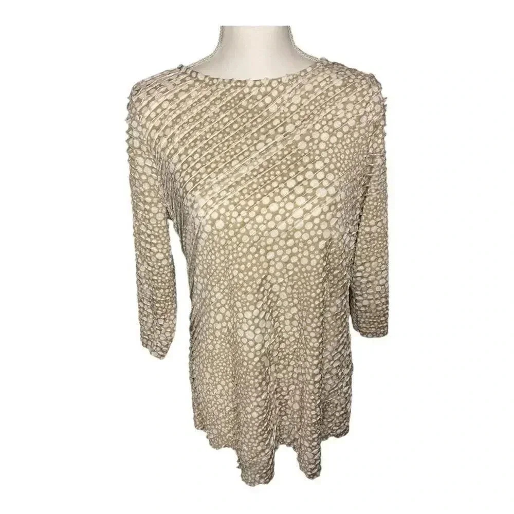 Susan Graver Women’s Small Tan & White Polka Dot Ruffle Front Long Sleeve Top